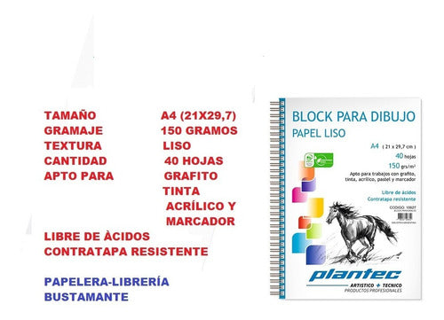 Block Para Dibujo A4 Plantec 150 Gms Liso 40 Hojas C Espiral 1