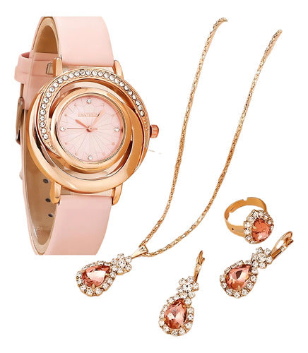 Flowingraff Set of 4: Watch + Necklace + Ring + Earrings * Pink 0