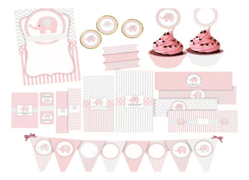 Kit Imprimible Elefantita Rosa Baby Shower Nena Elefante 0