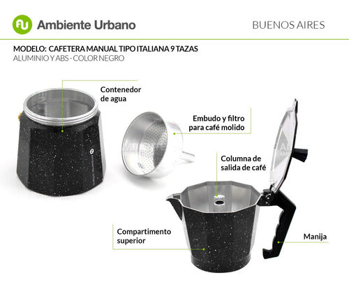 Italian Reinforced 9-Cup Steel Manual Espresso Coffee Maker in Various Colors 24