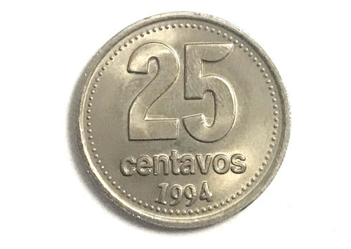 Argentinian Coins: 25 Centavos 1994 With Stripe Over Value 0