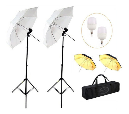 Kit Luz LED Continua - 2 Complete Sets with 4 108cm Umbrellas and Tripod 0