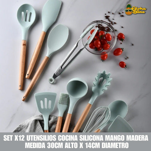 Aloha Set X12 Utensilios Cocina Silicona Mango Madera 1