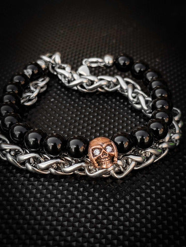 Skull Factory Joyas Pulsera Calavera Dj Doble Onix Y Acero Modelo Exclusivo 3