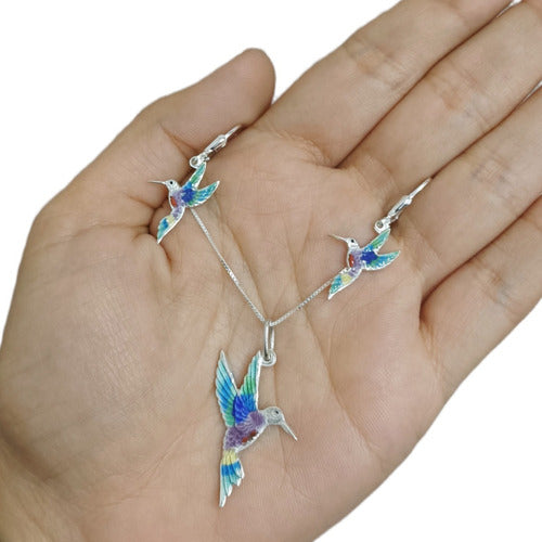 Venetian Chain Hummingbird Silver 925 Necklace Earrings Set 0
