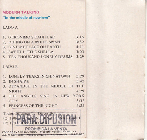 1987 Modern Talking Cassete Promo Uruguay Techno Pop Raro 2