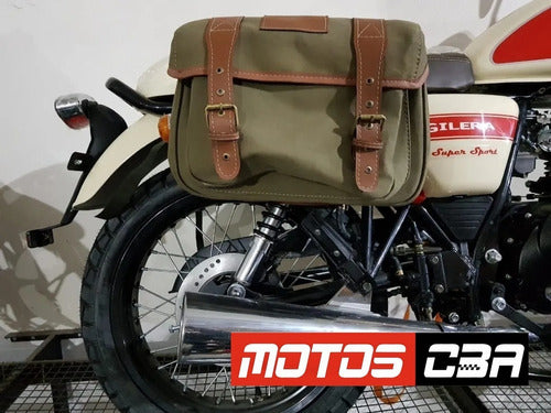 Kis X2 Custom Motorcycle Saddlebags Double Pocket Cafe Racer Green Cordura Brown Laces Motoscba 4