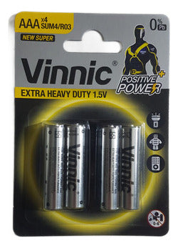 Vinnic Blister 4 AAA Batteries 3A Extra Heavy Duty 1.5V Power X4 2