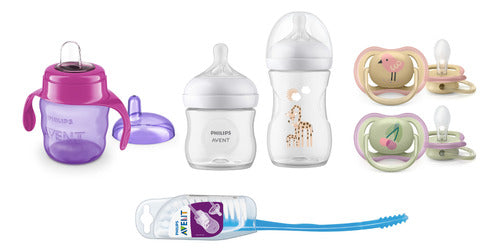Newborn Set Avent Natural Bottles Pacifiers Brush Cup Girl 0