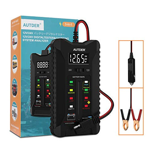 AUTDER Digital Battery Tester 12V 24V Voltmeter Alternator Analyzer 0