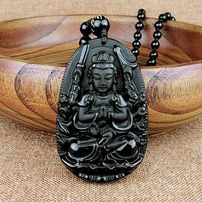 Natural Obsidiana Negro Guanyin Buda Lucky Lucky Colgantes P 1