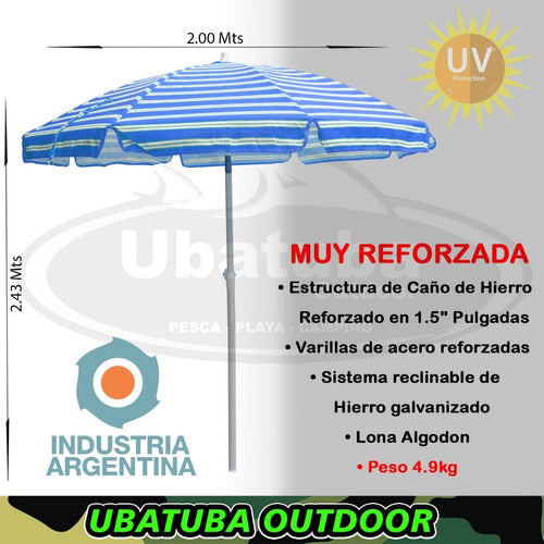 2m Super Reinforced Beach Umbrella UV+100 Cotton Fabric National 1