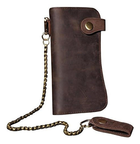 Cartera Para Hombre Con Cadena De Cuero, Billetera Plegable 0