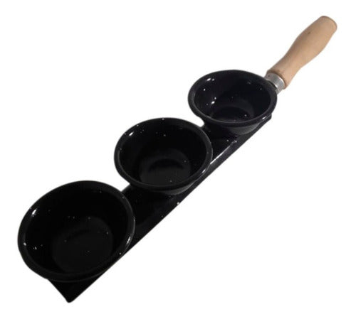 Lozafer Triple Enamelled Dip Bowl with Wooden Handle for Sauces - 3 Cavities 2