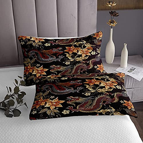 Feelyou Boys Dragon Colcha Golden Exotic Floral Coverlet Par 2