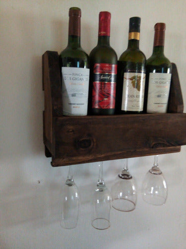 Rustic Wood Wall Wine Rack for 4 Bottles with Glass Holder for 4 Glasses 4