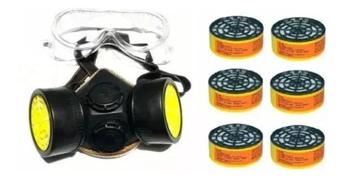 Chemical Mask with Double Filter + Goggles + 6 Gas Dust Replacement Filters 0