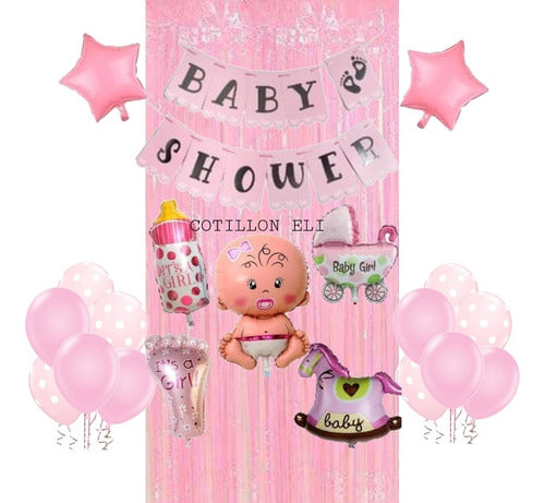 Cotillón Eli Set Globos Baby Shower Cortina Banderin Rosa Nena Bebe 0