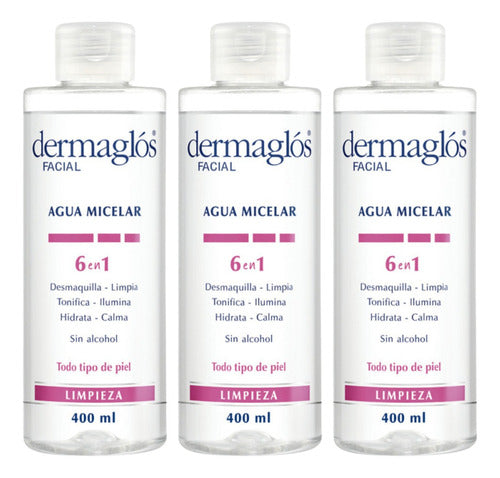 Combo X3 Dermaglos Agua Micelar 6 En 1 Desmaquillante 400 Ml 0