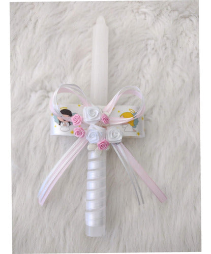 Decorative Baptism Candle Baby Angel with Printed Ribbon and Flowers 5