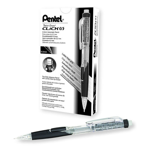 Pentel Twist-Erase PD275TA Click Mechanical Pencil, 0.5mm, Pack of 12, Clear Barrel, Black Grip 0