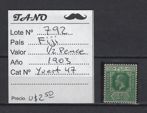 TANO Lote792 Fiji 1/2 Pence Año 1903 Yvert# 47 Impecable 1