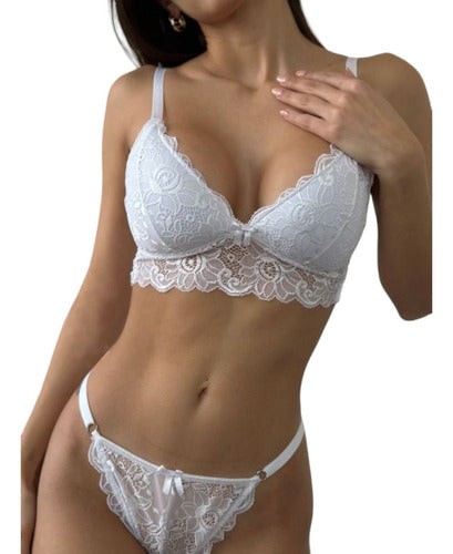 Yarbik Soft Cup Triangle Lace Set with Adjustable Thong 0