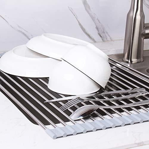 CANWELL Roll Up Dish Drying Rack - Premium 304 Stainless Steel Over Sink Kitchen Drainer Rack With Silicone Rims, Gray 2