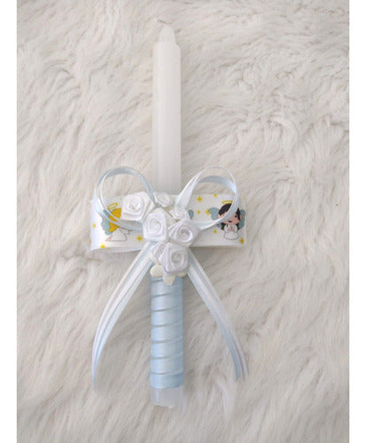 Decorative Baptism Candle Baby Angel with Printed Ribbon and Flowers 7