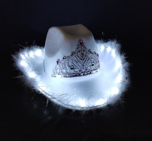 Cowboy Cowgirl LED Light-Up Hat with Feathers and Crown - White or Pink 4