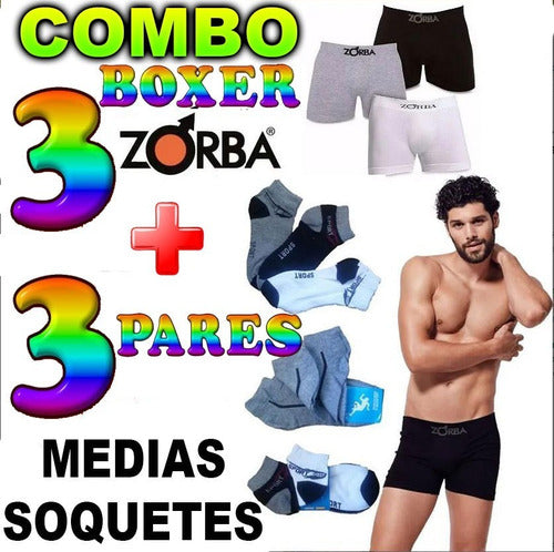 Zorba Men's Cotton Boxer Combo Pack of 3 + 3 Pairs of Socks 1