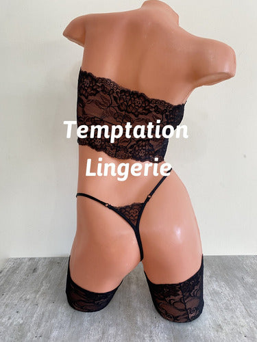Temptation Lingerie Lace Bandeau and Thong Set + Lace Thigh-High Stockings for Women 2