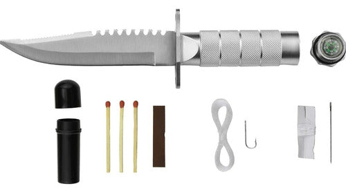 Silver Rambo Style Knife with Tactical Survival Accessories 2