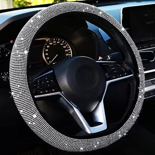 Black Suede Steering Wheel Cover with Diamond Plate Silver Trim 38cm 1