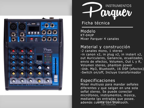 Parquer Consola Mixer USB 4 Canales Grabacion Bluetooth MP3 KT04-UP 2