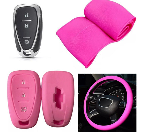 Cubre Volante + Funda Llave Silicona Chevrolet Tracker Rosa 0