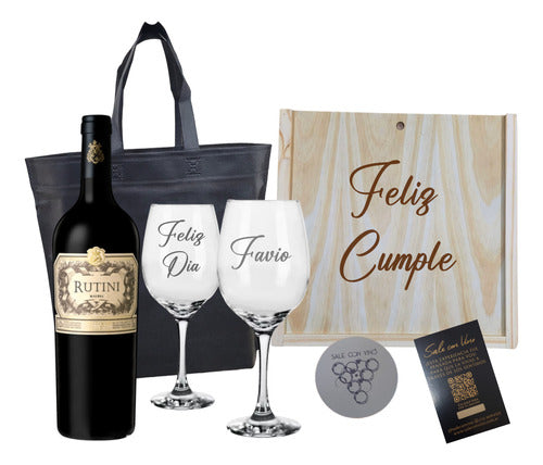 Regalo Caja Madera Vino Rutini Malbec + 2 Copas Grabadas 0