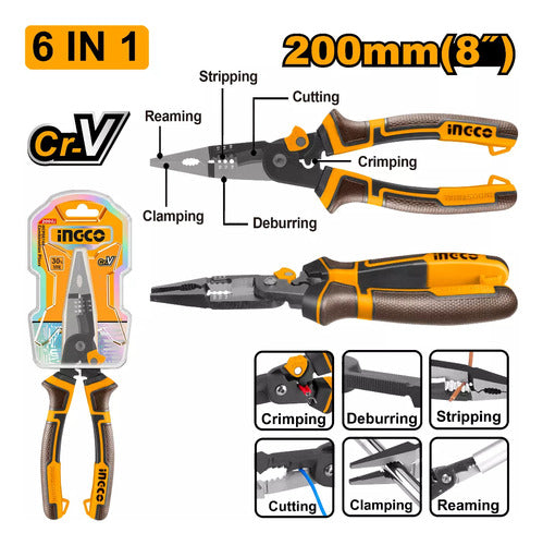 Ingco Pinza Punta Fina 8" 200mm Cr-V Mult 6 En 1 HMFLNP28200 1