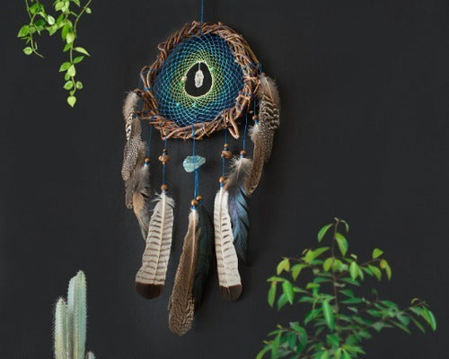 Handmade Dreamcatcher with Semi-Precious Stones and Natural Feathers in Willow Wood 9