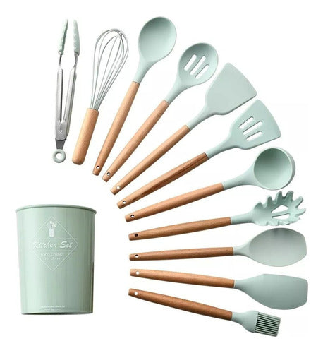 Kitchen & Dining Set Utensilios De Cocina Kit 11 Piezas Lata Madera Silicona 1