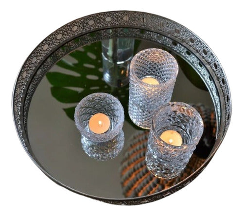 Luciano Dutari Mirrored Tray Set Ø35 Cm + 3 Candle Holders 0