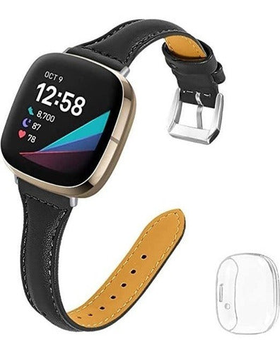 Joyozy Malla Cuero + Protector Pantalla Fitbit Sense/Versa 3 Negro 0