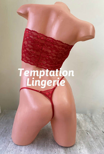 Temptation Lingerie Lace Bandeau and Thong Set + Lace Thigh-High Stockings for Women 6