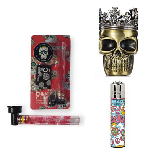 Luigi Kit Pipa Vidrio Chica Picador Metal Calavera 3p Clipper 0