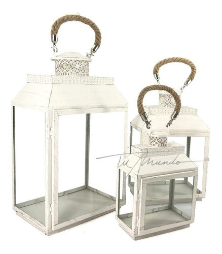 Set De 3 Faroles Porta Vela Decorativo En Metal Color Blanco 0