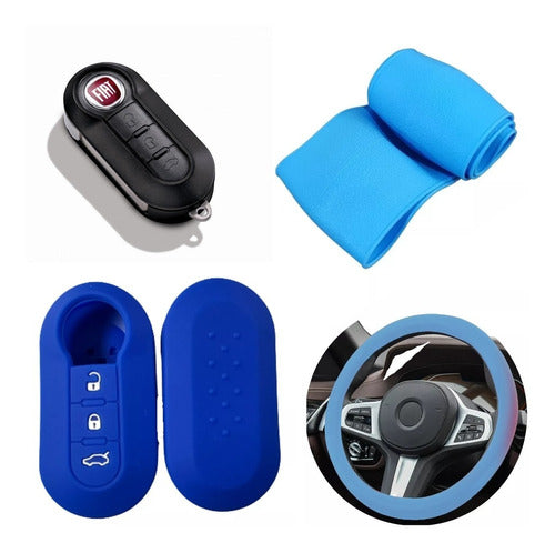 Cubre Volante + Funda Llave Silicona - Fiat Gran Siena Azul 0