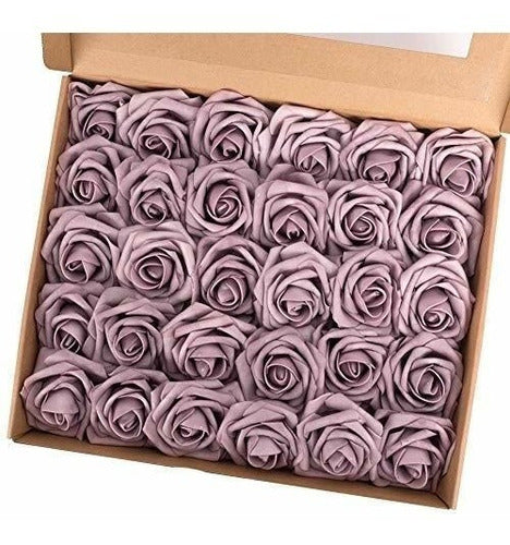 Macting Artificial Rose Flowers, 30pcs Real Touch Fake Foam Roses For Wedding Party Bouquets Baby Shower Home Decoration (Dusty Purple Pink) 0