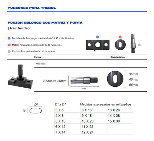 Punzón Y Matriz Oblongo 11 X 22 Cola 20, P/ Trebol O Similar 2