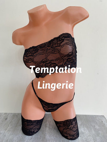 Temptation Lingerie Lace Bandeau and Thong Set + Lace Thigh-High Stockings for Women 1