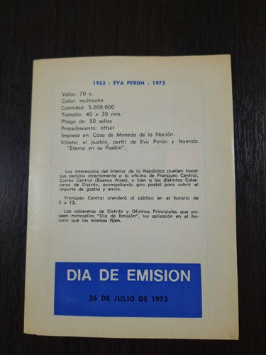 1952 Eva Peron 1973 - Dia De Emision 3